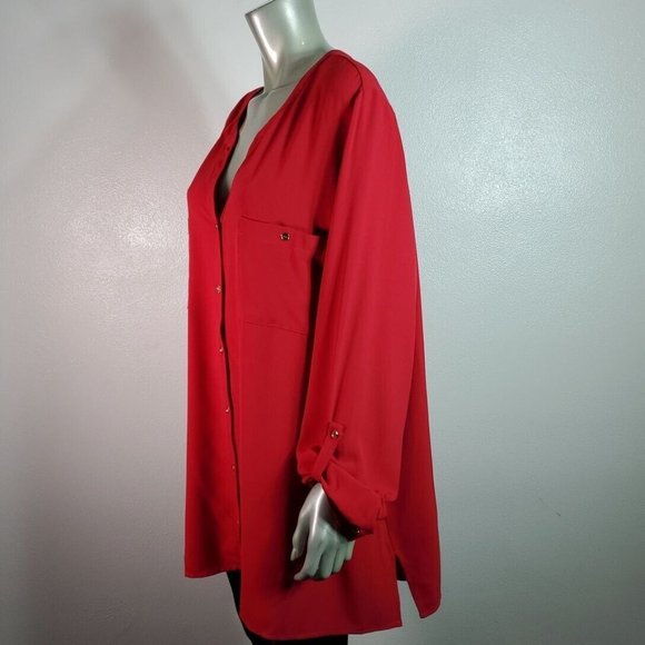 Susan Graver Top Plus Size 28W‎ Tunic Pockets Stretch Tab Sleeve Button Down Red - Picture 3 of 6